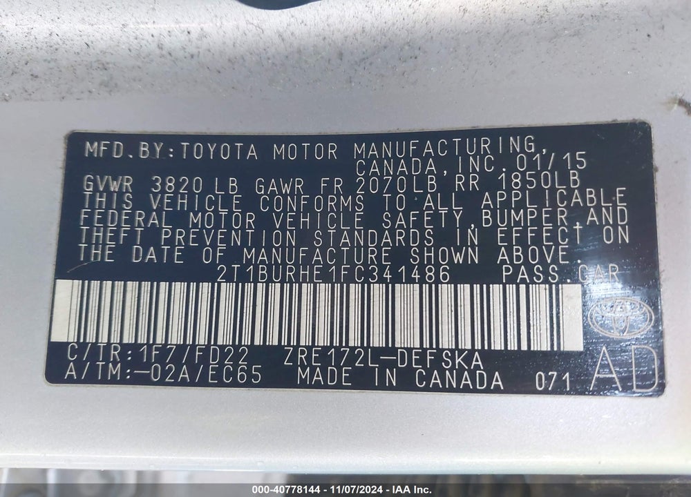2015 TOYOTA COROLLA S PLUS VIN: 2T1BURHE1FC341486