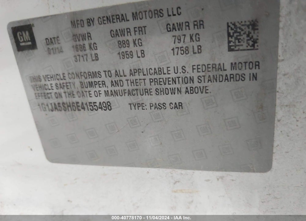 2014 CHEVROLET SONIC VIN: 1G1JA5SH6E4155498