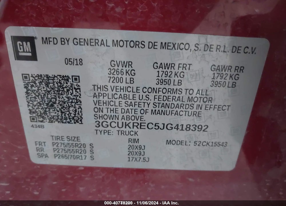 2018 CHEVROLET SILVERADO 1500 2LT VIN: 3GCUKREC5JG418392