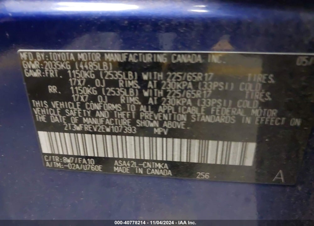 2014 TOYOTA RAV4 XLE VIN: 2T3WFREV2EW107393