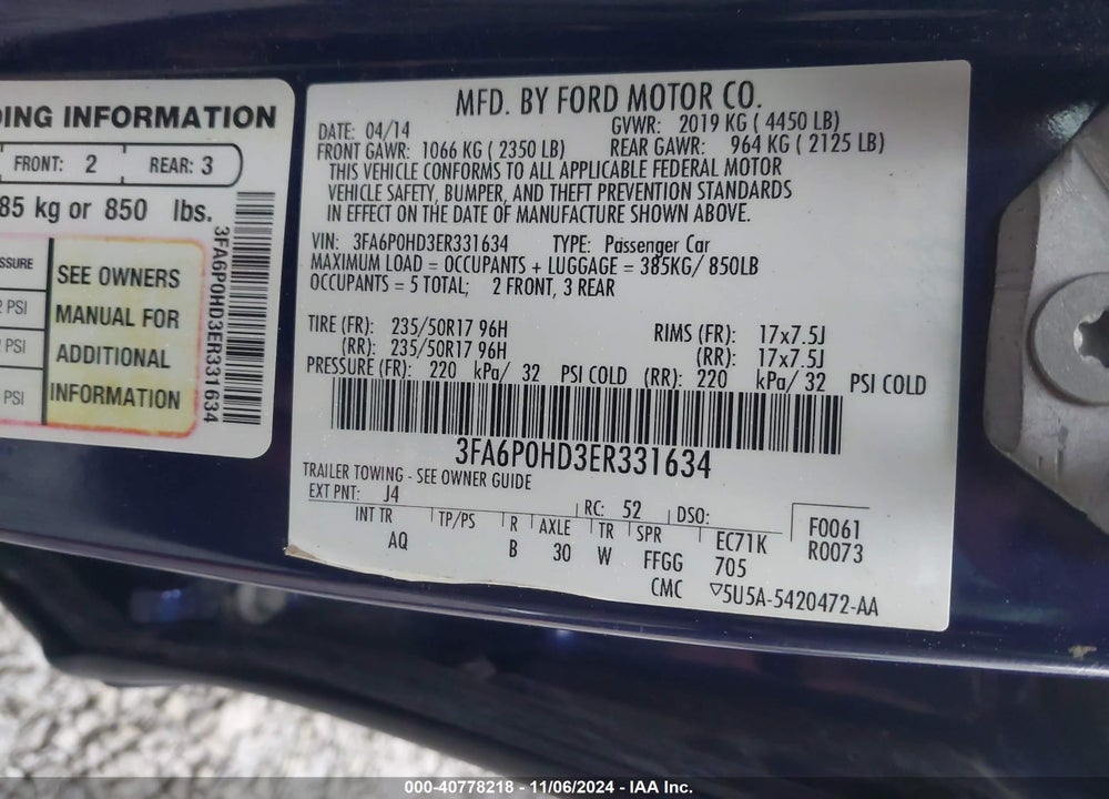 2014 FORD FUSION VIN: 3FA6P0HD3ER331634