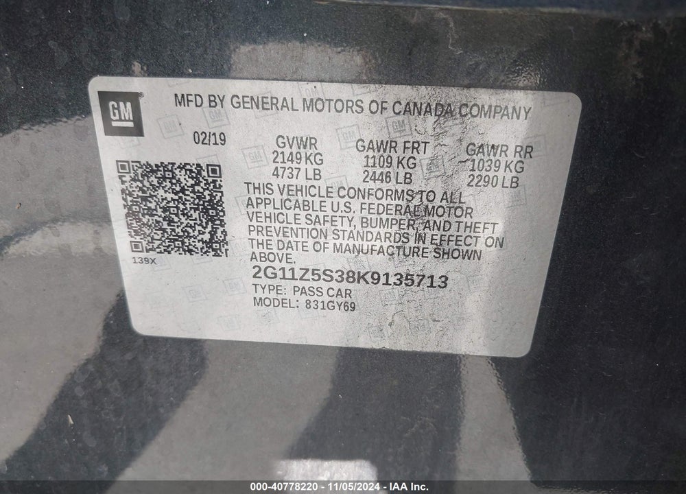 2019 CHEVROLET IMPALA LT VIN: 2G11Z5S38K9135713