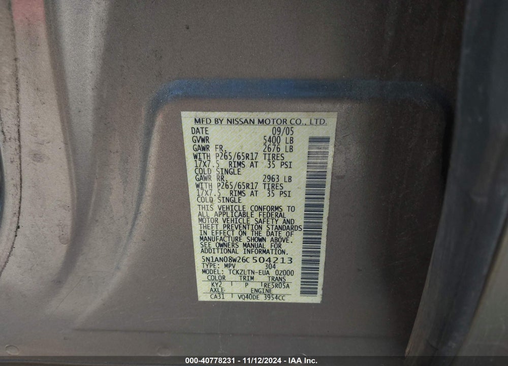2006 NISSAN XTERRA SE VIN: 5N1AN08W26C504213