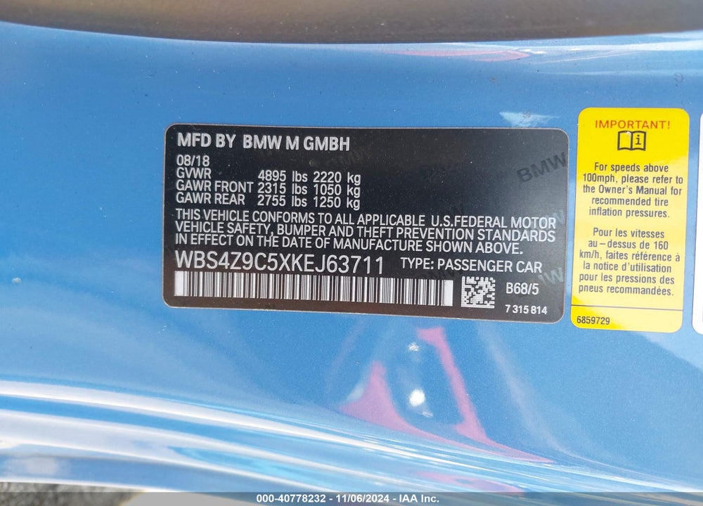 2019 BMW M4 VIN: WBS4Z9C5XKEJ63711