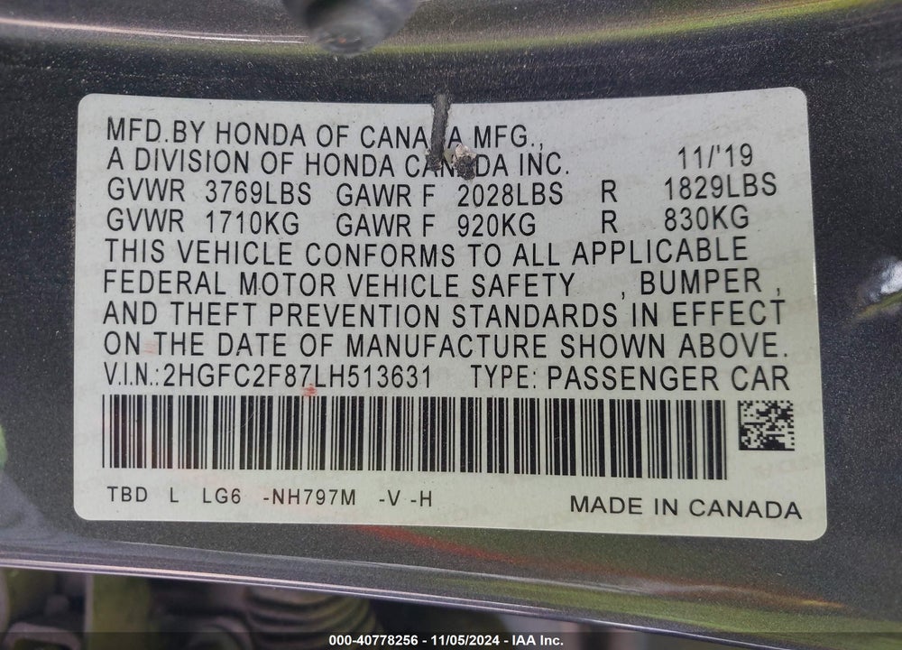 2020 HONDA CIVIC SPORT VIN: 2HGFC2F87LH513631