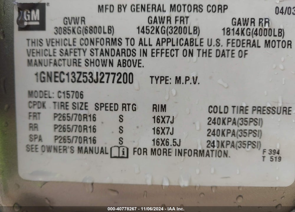 2003 CHEVROLET TAHOE LT VIN: 1GNEC13Z53J277200