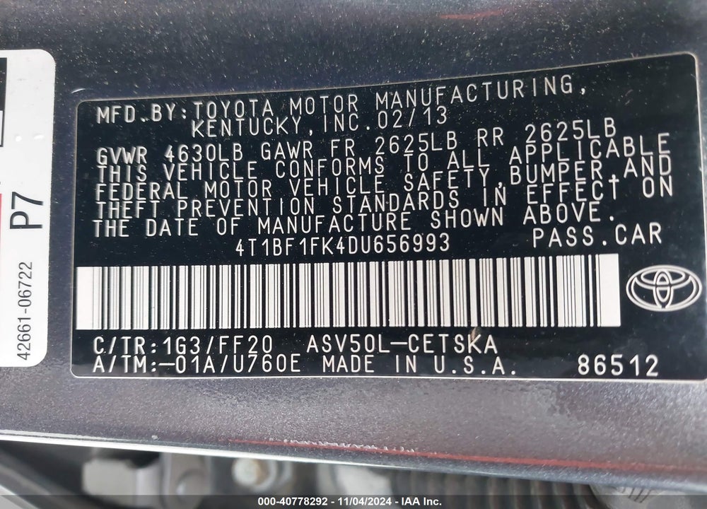 2013 TOYOTA CAMRY SE VIN: 4T1BF1FK4DU656993