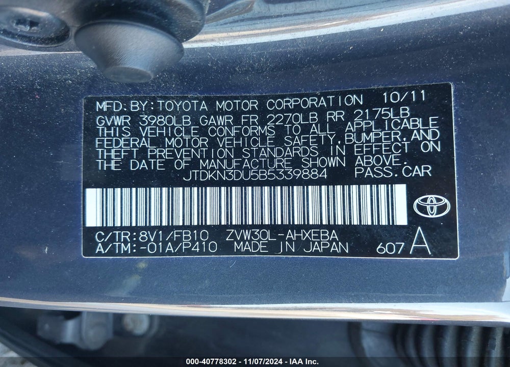 2011 TOYOTA PRIUS TWO VIN: JTDKN3DU5B5339884