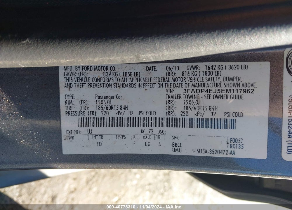 2014 FORD FIESTA SE VIN: 3FADP4EJ5EM117962