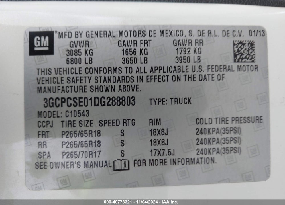 2013 CHEVROLET SILVERADO 1500 LT VIN: 3GCPCSE01DG288803