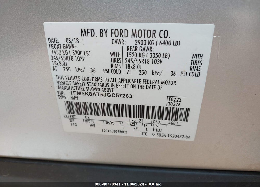 2018 FORD POLICE INTERCEPTOR UTILITY VIN: 1FM5K8AT5JGC57263