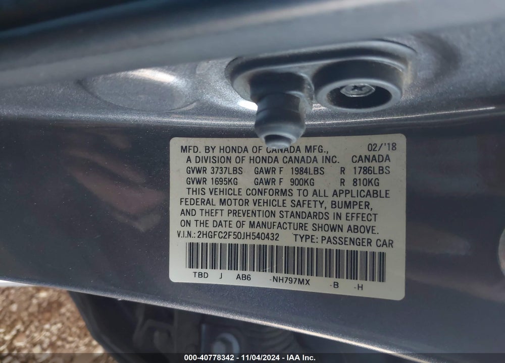 2018 HONDA CIVIC LX VIN: 2HGFC2F50JH540432