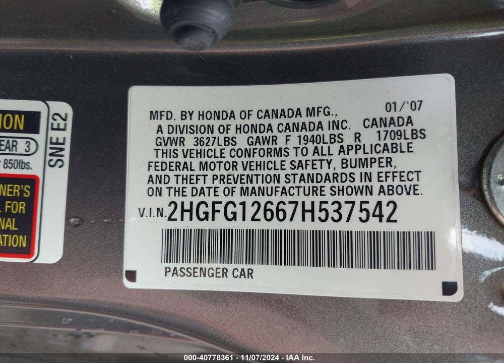 2007 HONDA CIVIC LX VIN: 2HGFG12667H537542