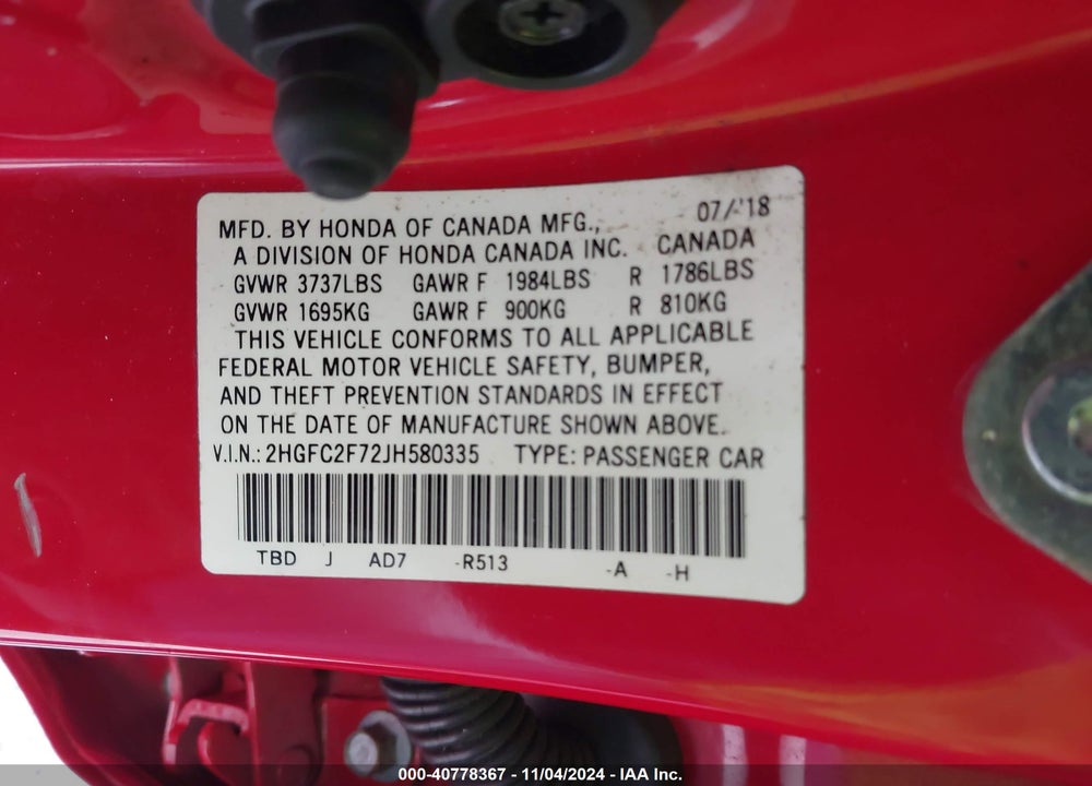 2018 HONDA CIVIC EX VIN: 2HGFC2F72JH580335