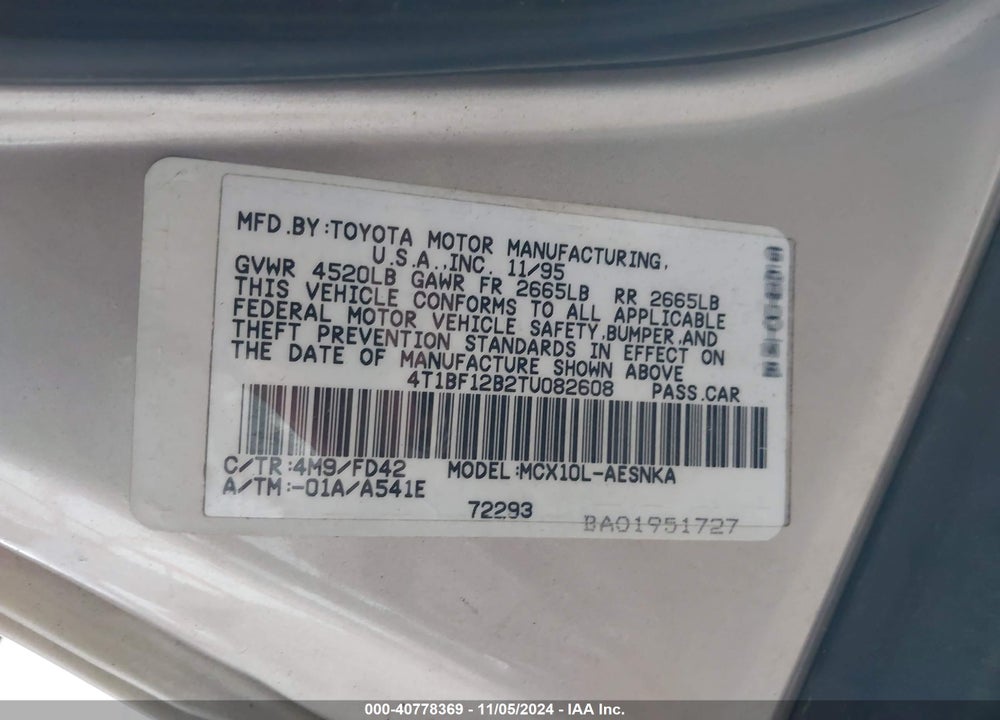 1996 TOYOTA AVALON XL/XLS VIN: 4T1BF12B2TU082608