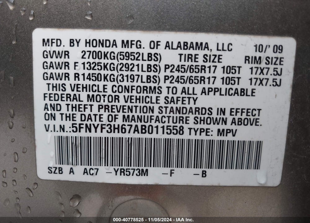 2010 HONDA PILOT EX-L VIN: 5FNYF3H67AB011558