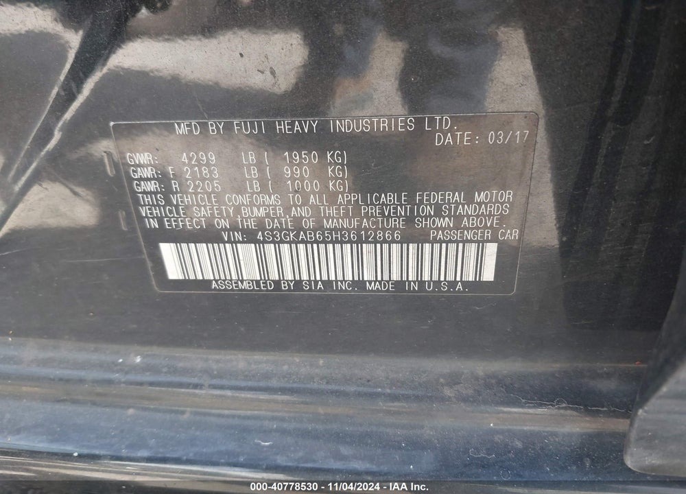 2017 SUBARU IMPREZA 2.0I PREMIUM VIN: 4S3GKAB65H3612866