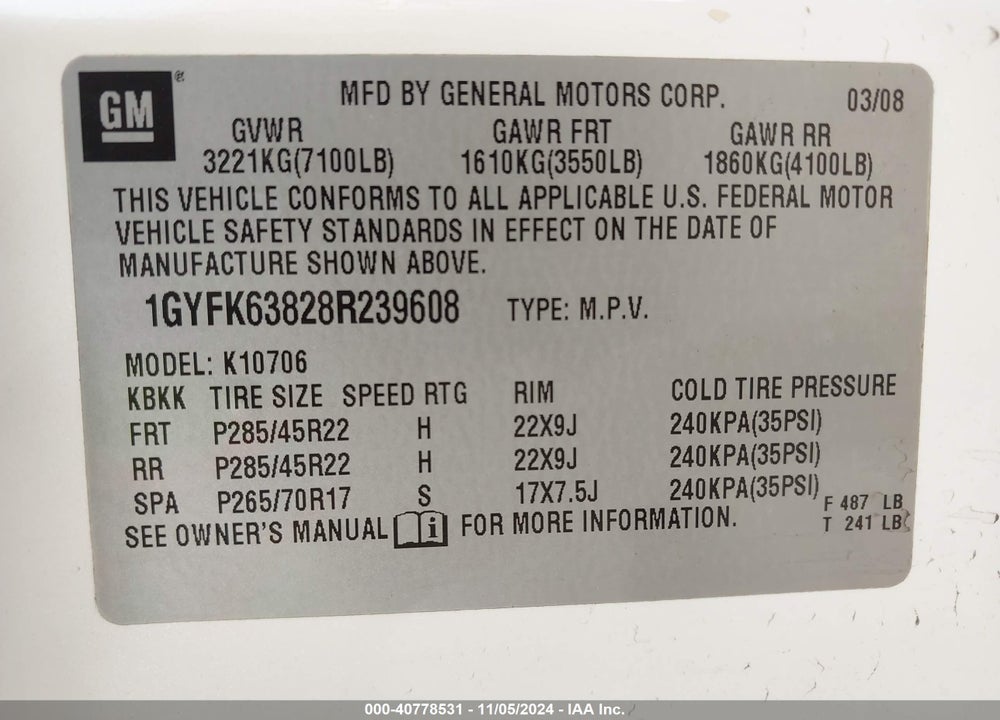 2008 CADILLAC ESCALADE STANDARD VIN: 1GYFK63828R239608