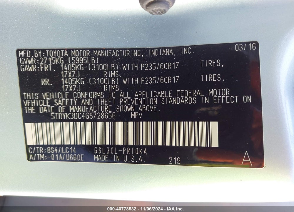 2016 TOYOTA SIENNA XLE LIMITED VIN: 5TDYK3DC4GS728656