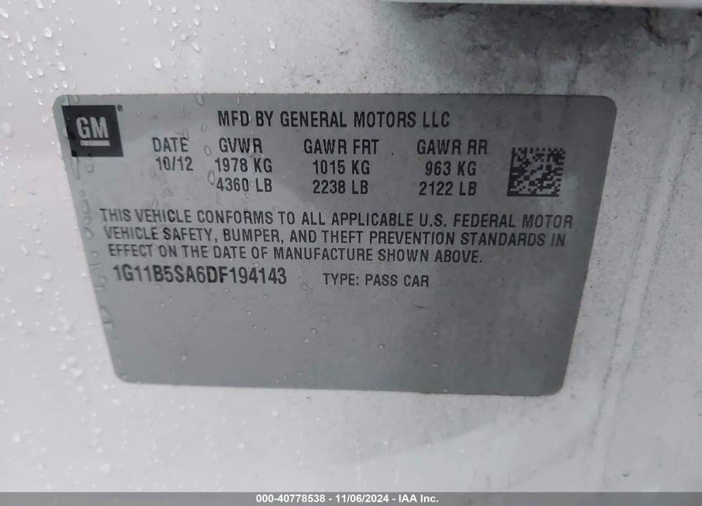 2013 CHEVROLET MALIBU 1LS VIN: 1G11B5SA6DF194143