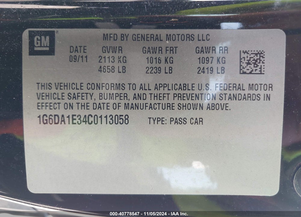 2012 CADILLAC CTS STANDARD VIN: 1G6DA1E34C0113058