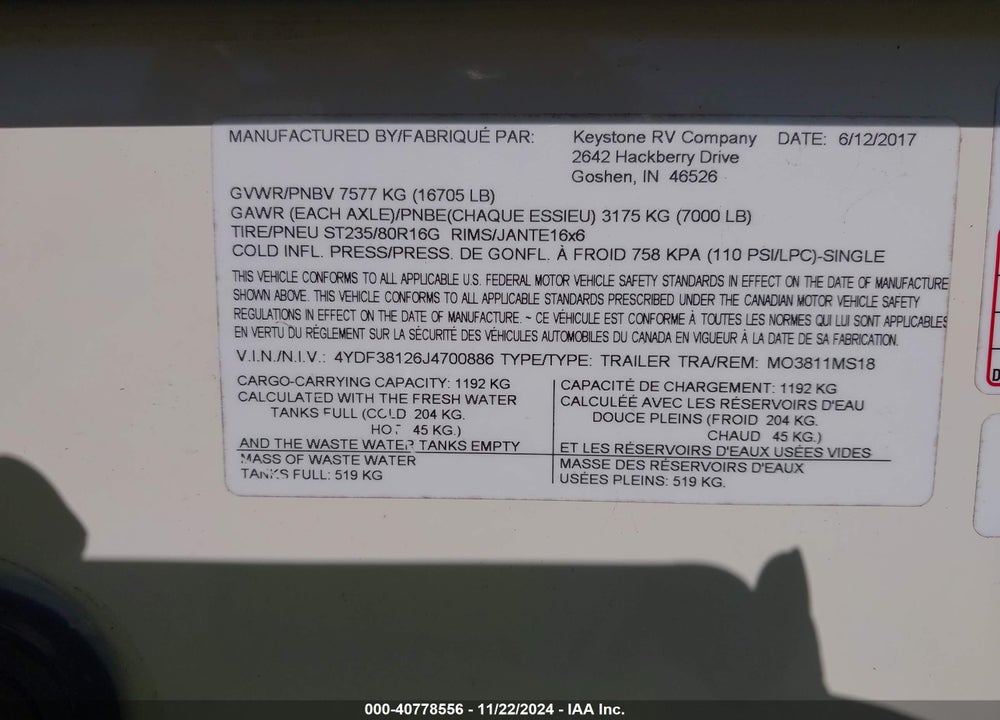 2018 KEYSTONE MONTANA VIN: 4YDF38126J4700886