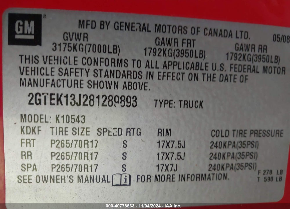 2008 GMC SIERRA 1500 SLE1 VIN: 2GTEK13J281289893