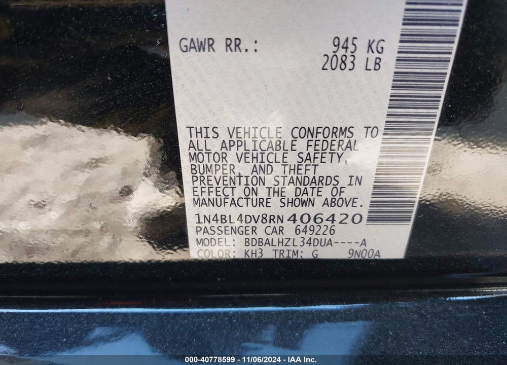 2024 NISSAN ALTIMA SV FWD VIN: 1N4BL4DV8RN406420