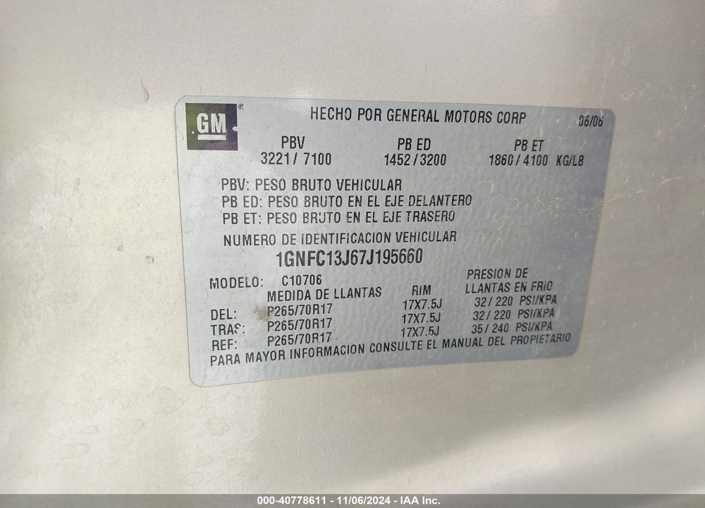 2007 CHEVROLET TAHOE LS/LT/LTZ VIN: 1GNFC13J67J195660