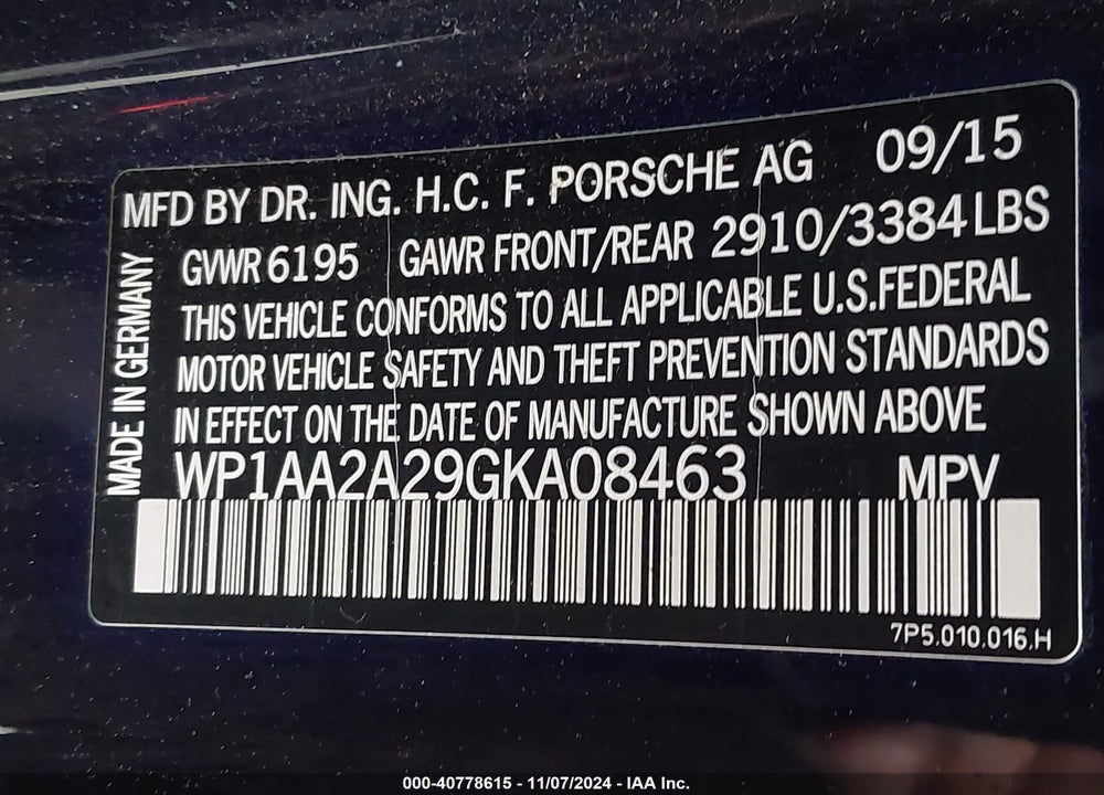 2016 PORSCHE CAYENNE VIN: WP1AA2A29GKA08463