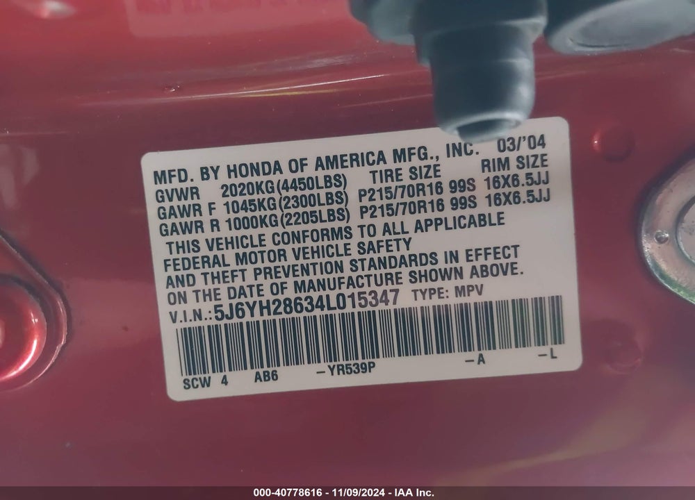 2004 HONDA ELEMENT EX VIN: 5J6YH28634L015347