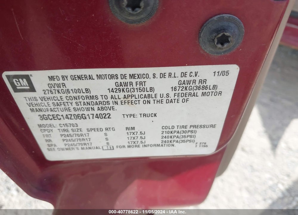 2006 CHEVROLET SILVERADO 1500 LT1 VIN: 3GCEC14Z06G174022
