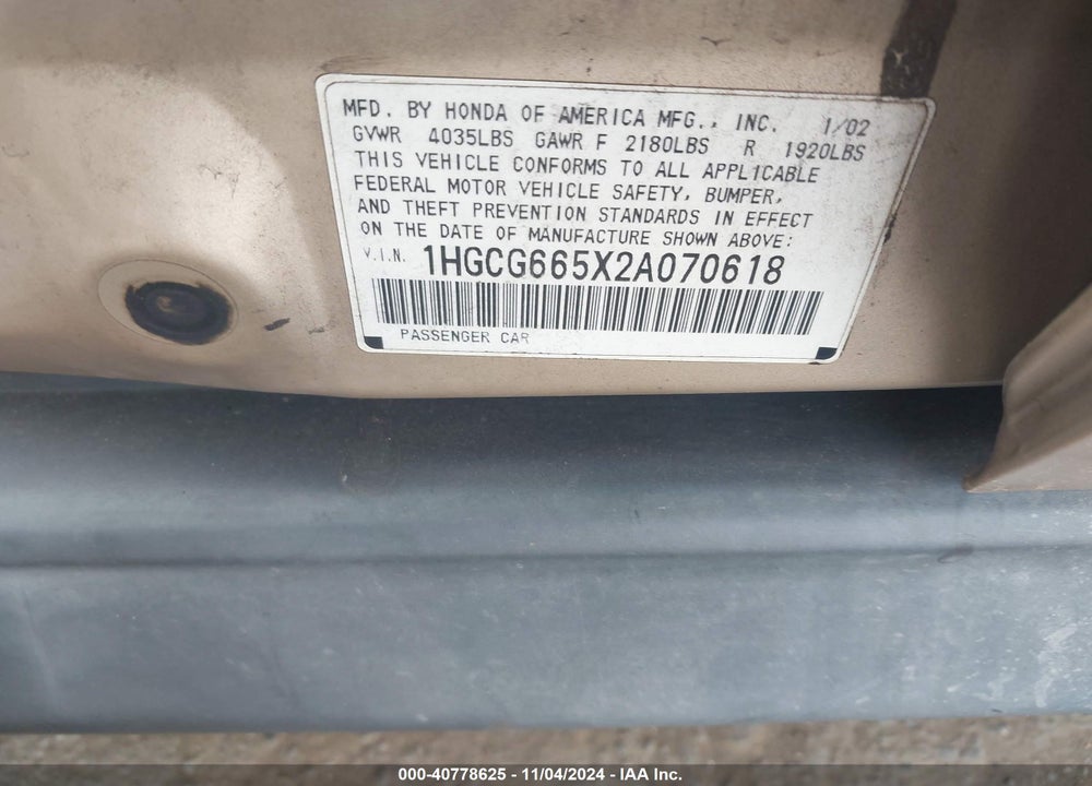 2002 HONDA ACCORD 2.3 LX/LX VIN: 1HGCG665X2A070618