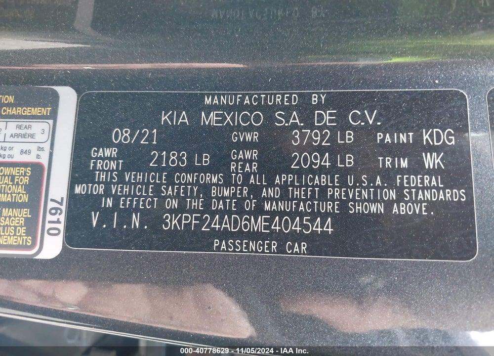 2021 KIA FORTE LXS VIN: 3KPF24AD6ME404544