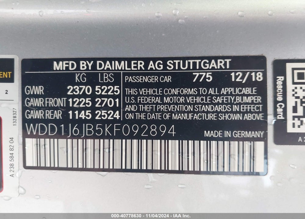 2019 MERCEDES-BENZ E 450 4MATIC VIN: WDD1J6JB5KF092894