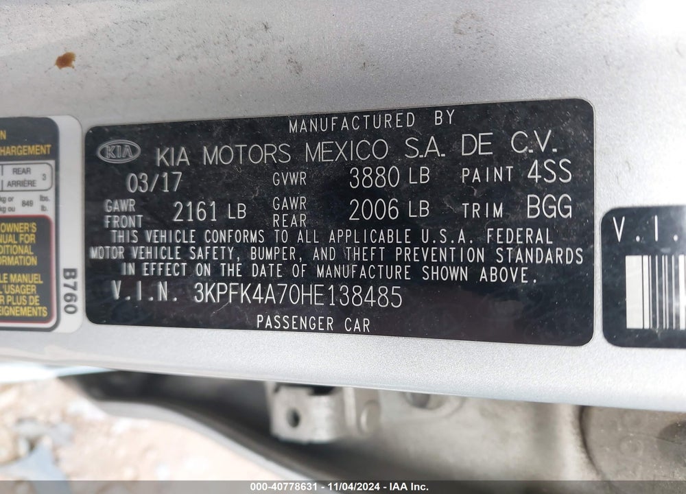 2017 KIA FORTE LX VIN: 3KPFK4A70HE138485