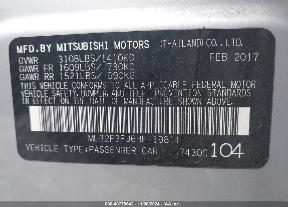2017 MITSUBISHI MIRAGE G4 ES VIN: ML32F3FJ6HHF19811