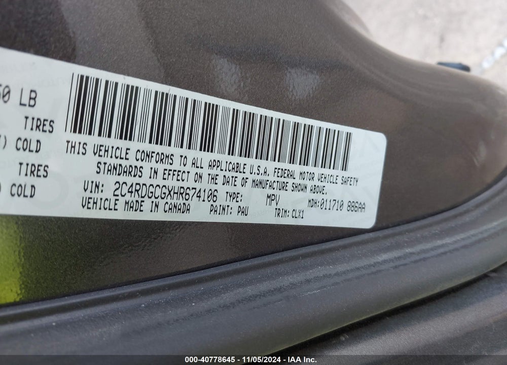 2017 DODGE GRAND CARAVAN SXT VIN: 2C4RDGCGXHR674106