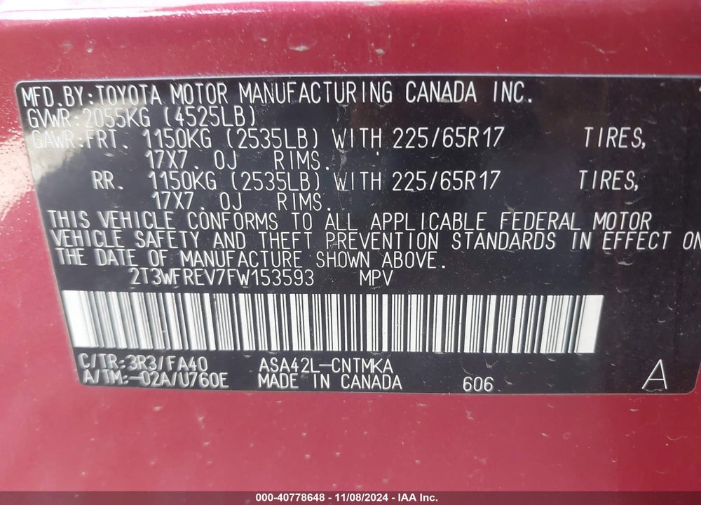 2015 TOYOTA RAV4 XLE VIN: 2T3WFREV7FW153593