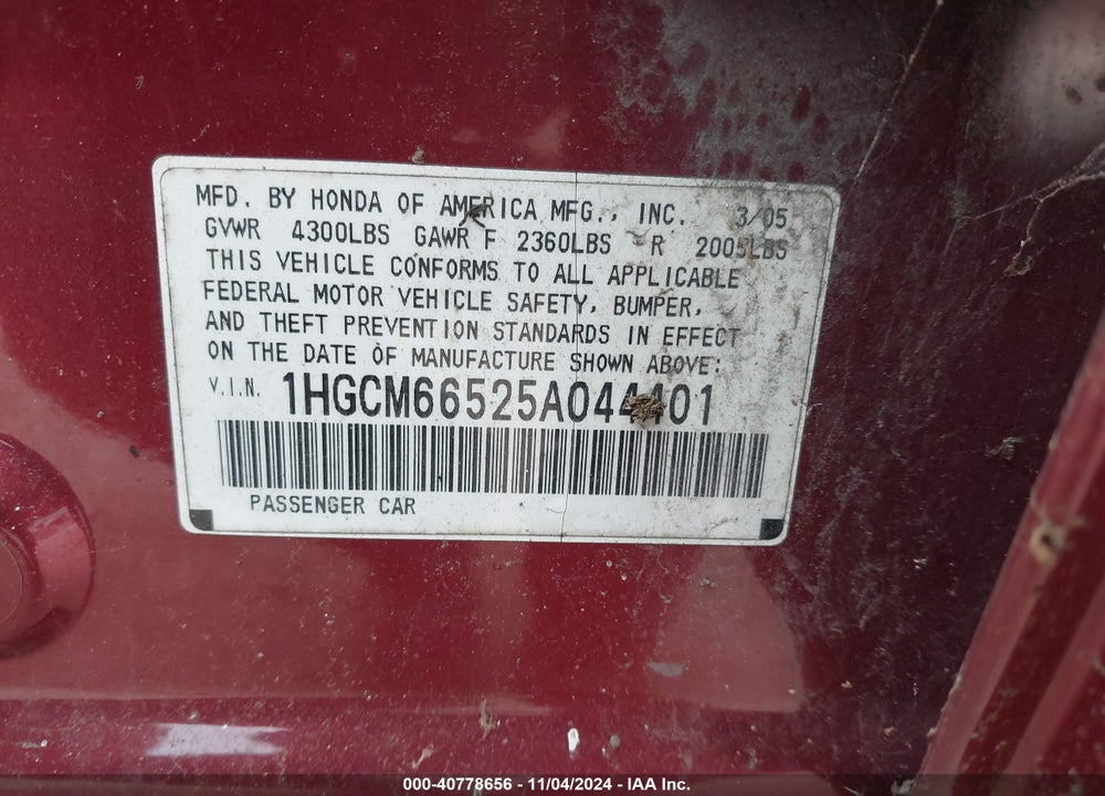 2005 HONDA ACCORD 3.0 EX VIN: 1HGCM66525A044401