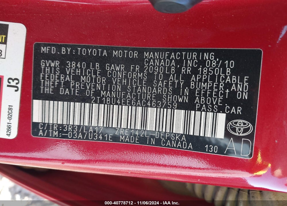 2010 TOYOTA COROLLA S VIN: 2T1BU4EE6AC463759