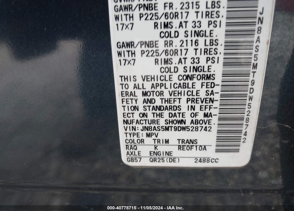 2013 NISSAN ROGUE SV VIN: JN8AS5MT9DW528742