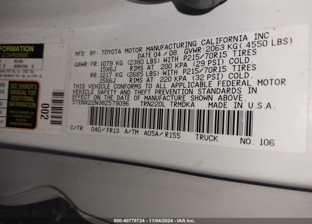 2008 TOYOTA TACOMA VIN: 5TENX22N38Z579096