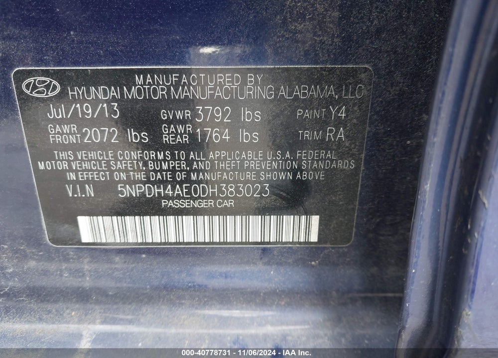 2013 HYUNDAI ELANTRA LIMITED VIN: 5NPDH4AE0DH383023