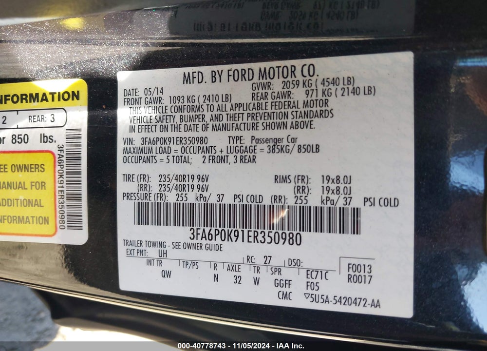 2014 FORD FUSION TITANIUM VIN: 3FA6P0K91ER350980