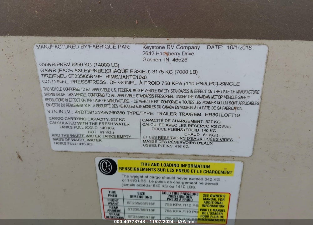2019 KEYSTONE RV RETREAT TRAVEL TRAILER VIN: 4YDT39121KW260350