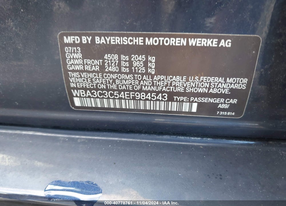 2014 BMW 320I XDRIVE VIN: WBA3C3C54EF984543