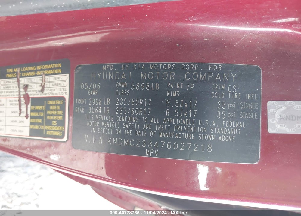 2007 HYUNDAI ENTOURAGE GLS/LIMITED/SE VIN: KNDMC233476027218