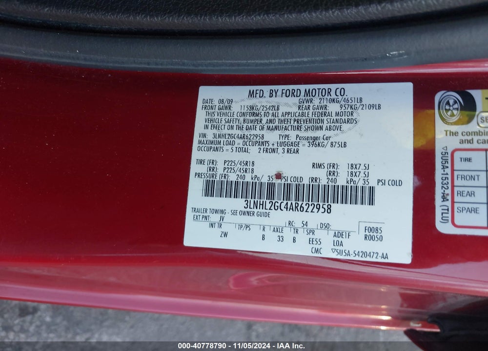 2010 LINCOLN MKZ VIN: 3LNHL2GC4AR622958