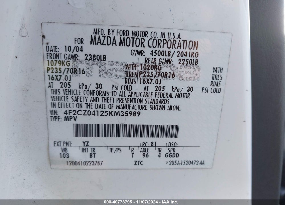 2005 MAZDA TRIBUTE S VIN: 4F2CZ04125KM35989